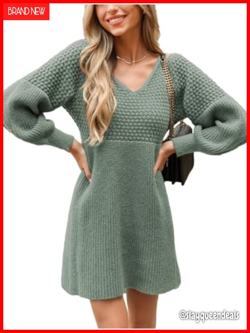 V Neck Honeycomb Knit Sweater Dress Long Sleeve Textured A-Line Mini